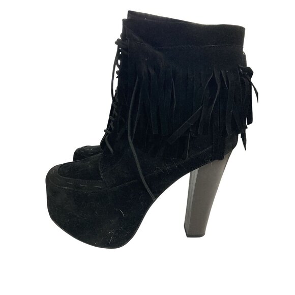 LEAH-98 Women's Size 9 Black faux Suede Fringe  chunky Platform high Heels Boot - Picture 1 of 8
